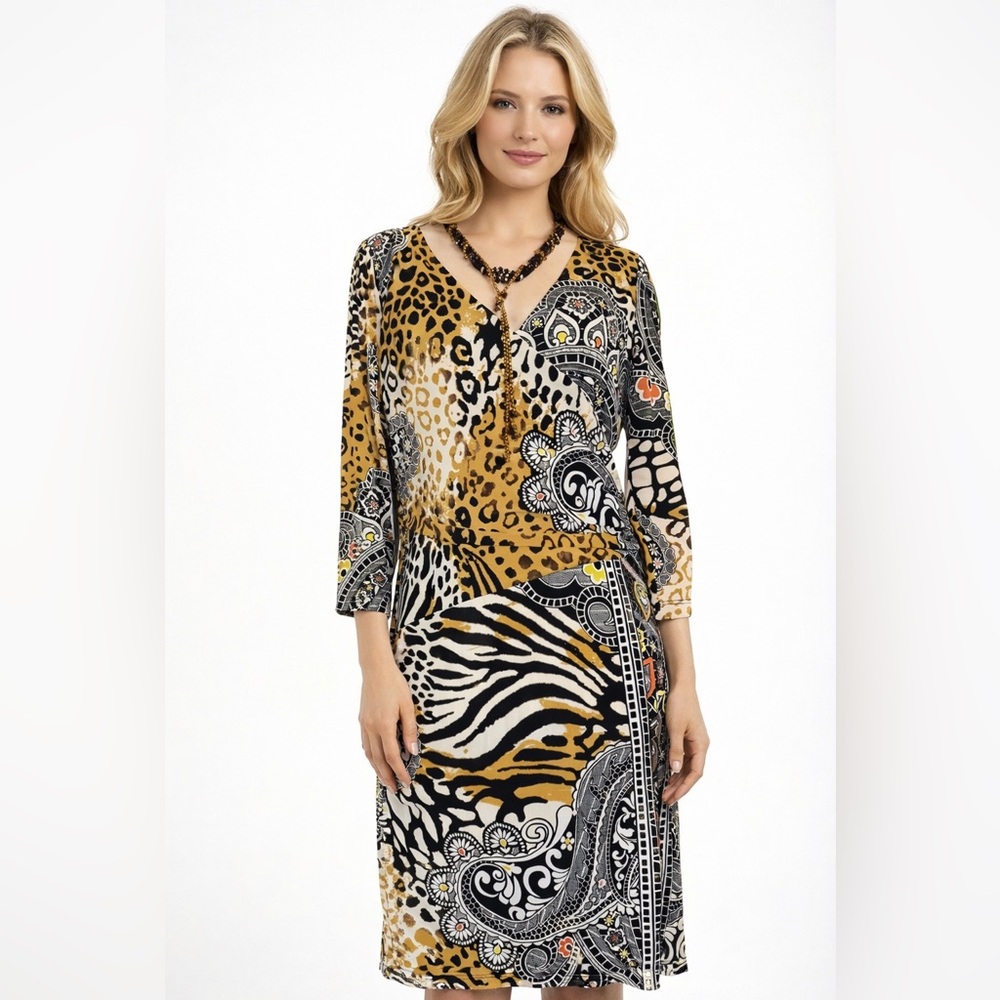 Boston Proper Animal Print Wrap Dress - Black, Brown, White Size 12